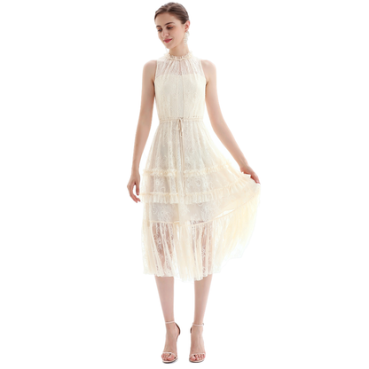 JJparty-D091 Women flower lace sleeveless ruffled detail tiered midi evening dress