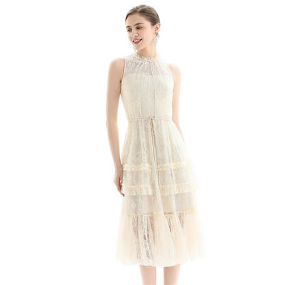 JJparty-D091 Women flower lace sleeveless ruffled detail tiered midi evening dress