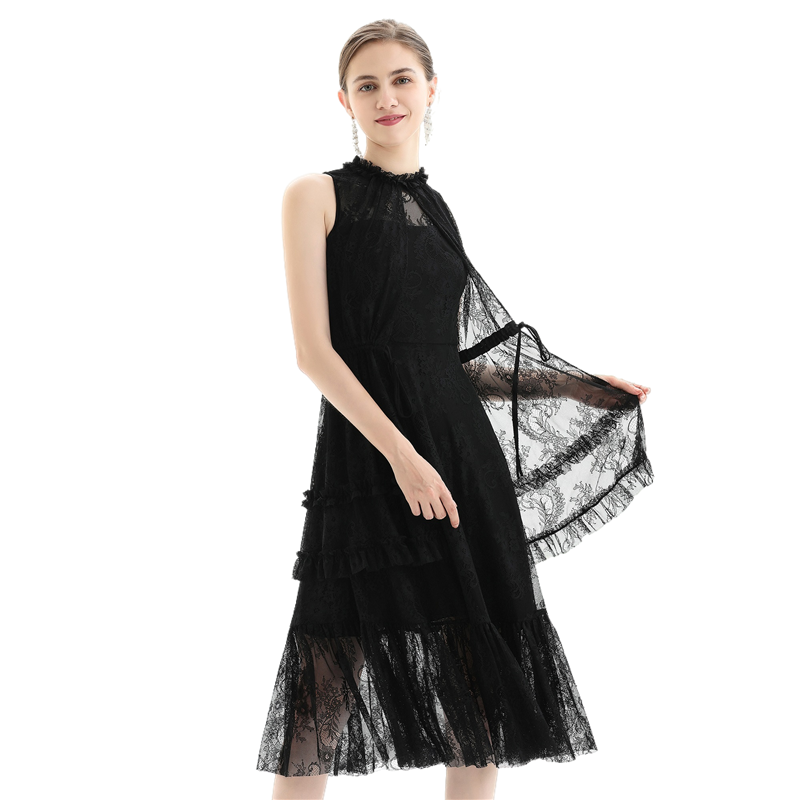 JJparty-D091 Women flower lace sleeveless ruffled detail tiered midi evening dress