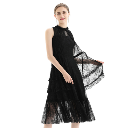 JJparty-D091 Women flower lace sleeveless ruffled detail tiered midi evening dress