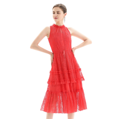 JJparty-D091 Women flower lace sleeveless ruffled detail tiered midi evening dress