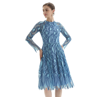 JJparty-D080-1 Women fashion eyelash lace long sleeves flared pleated party midi dress