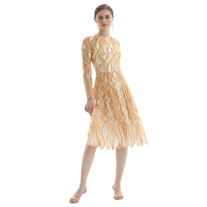 JJparty-D080-1 Women fashion eyelash lace long sleeves flared pleated party midi dress