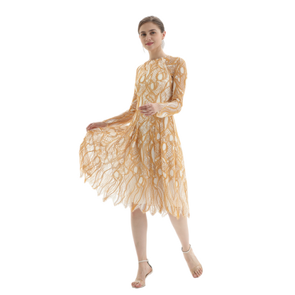 JJparty-D080-1 Women fashion eyelash lace long sleeves flared pleated party midi dress