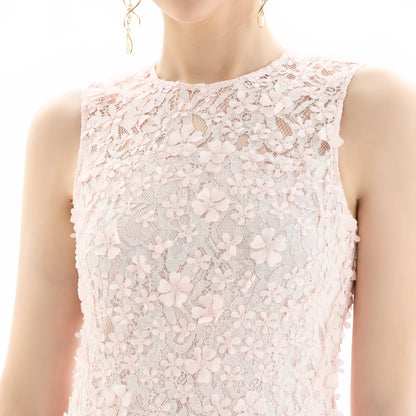 JJparty-D117-1 Women 3D flower embroidered lace sleeveless straight-cut party midi dress