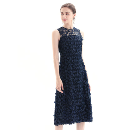JJparty-D117 Women 3D flower embroidered tulle sleeveless straight-cut party midi dress