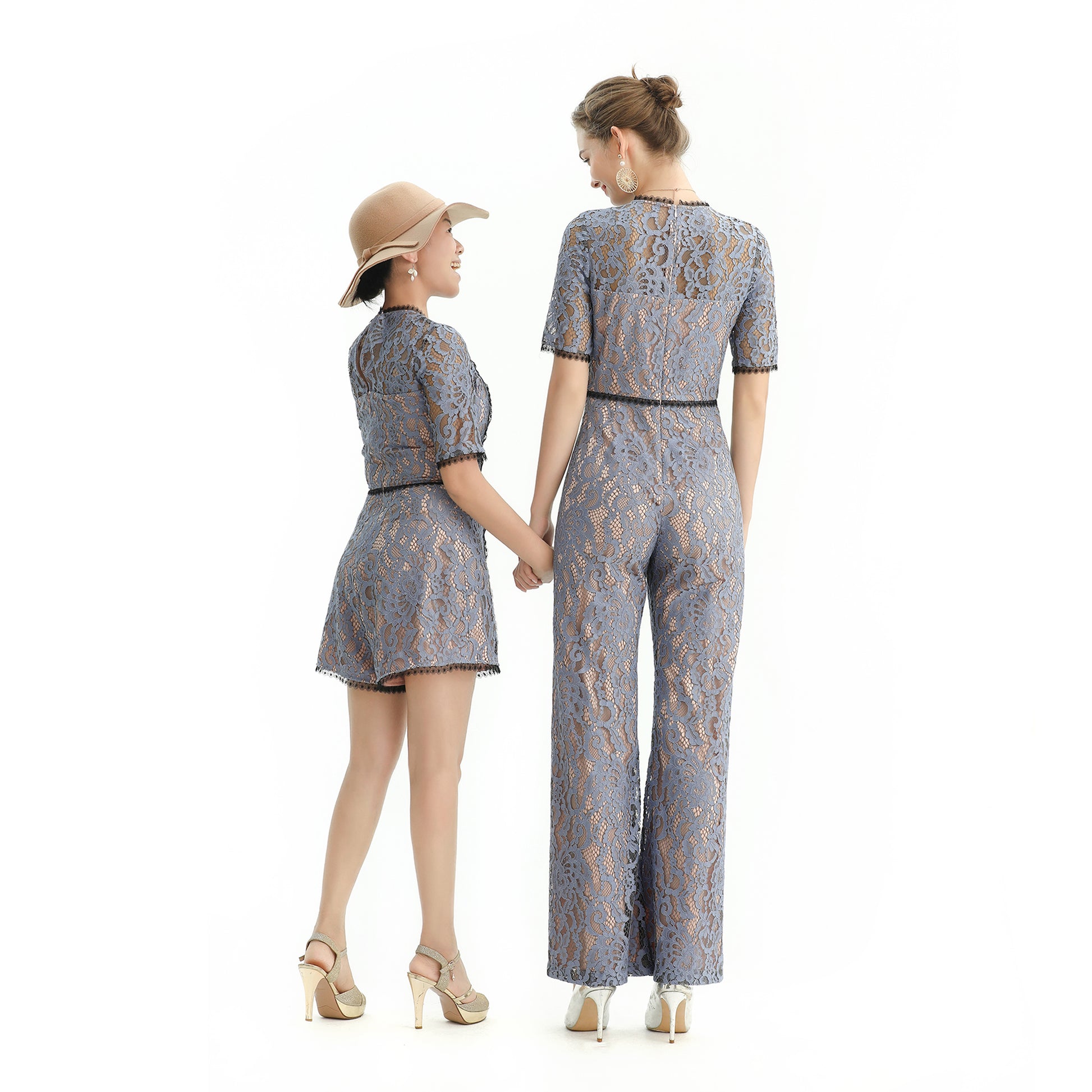 JJparty-R163 Women all-over lace short sleeves party jumpsuit