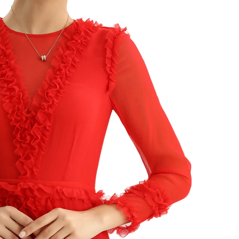 JJparty-D084-2 Women silk plissé chiffon three quarters sleeves ruffle detailed midi party dress