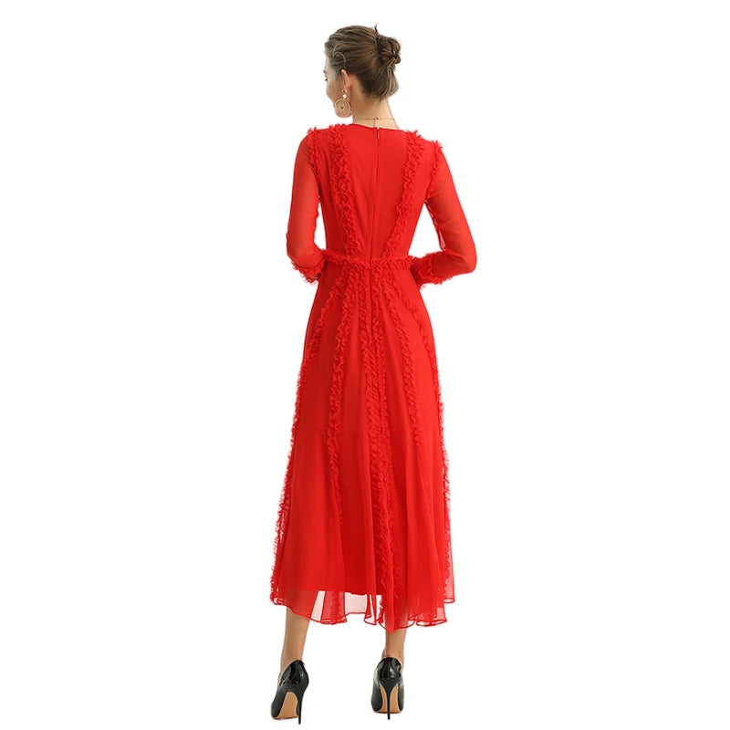 JJparty-D084-2 Women silk plissé chiffon three quarters sleeves ruffle detailed midi party dress