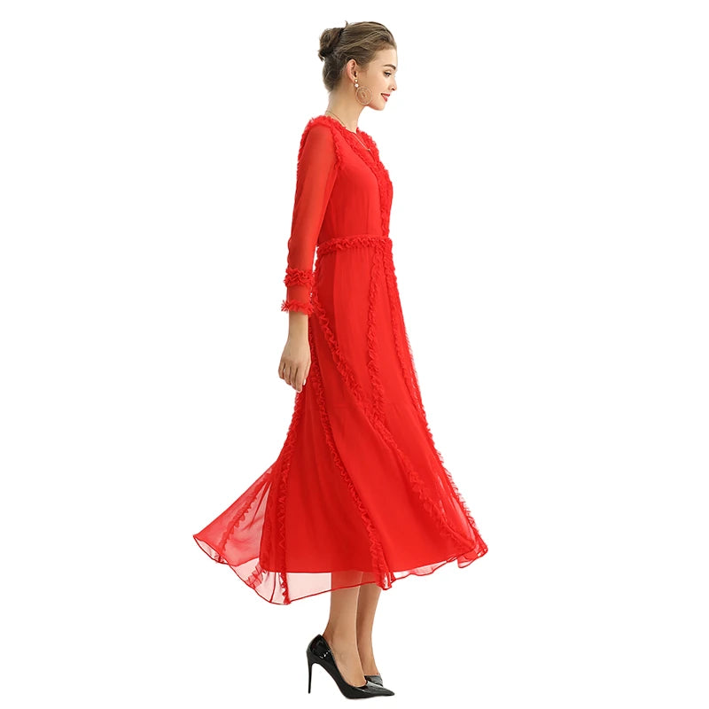 JJparty-D084-2 Women silk plissé chiffon three quarters sleeves ruffle detailed midi party dress