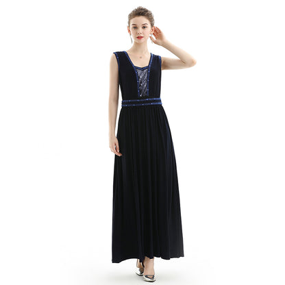 JJparty-D071 Women solid knit sleeveless embroidered and sequin embellished maxi evening dress