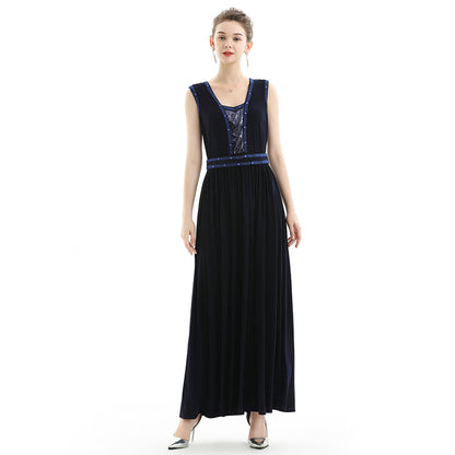 JJparty-D071 Women solid knit sleeveless embroidered and sequin embellished maxi evening dress