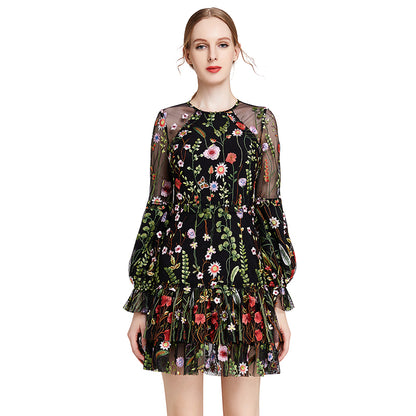 JJparty-D005 Women all-over embroidered long bell sleeves mini party dress