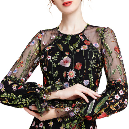 JJparty-D005 Women all-over embroidered long bell sleeves mini party dress