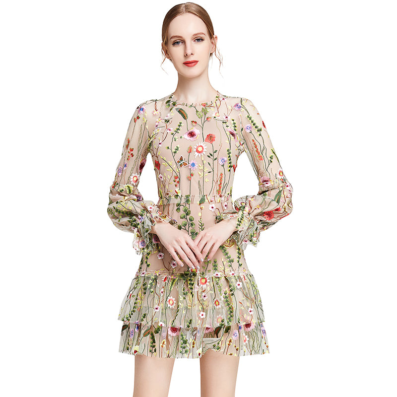 JJparty-D005 Women all-over embroidered long bell sleeves mini party dress