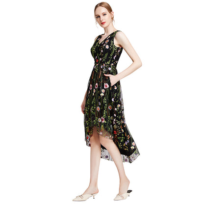 JJparty-D006 Women all-over floral embroidered tulle sleeveless asymmetric hem midi party dress