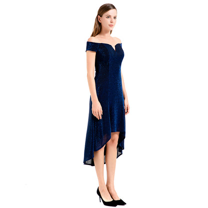 JJparty-D021 Women semi-sheer metallic knit off shoulder short sleeves asymmetric hem midi party dress