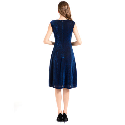 JJparty-D026 Women semi-sheer metallic knit round neck sleeveless A-line flared midi party dress
