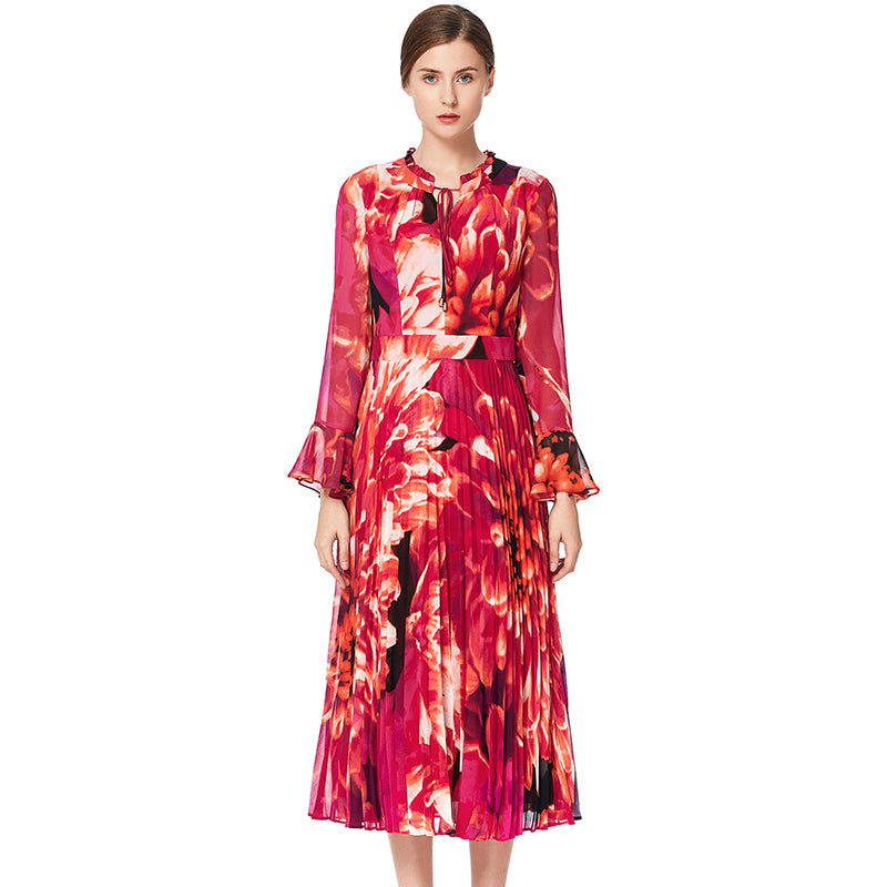JJparty-D036 Women flower print chiffon long sleeves pleated midi day dress