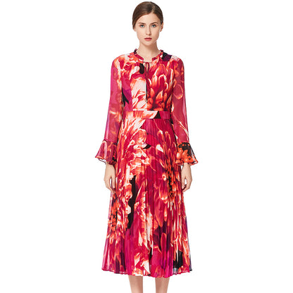 JJparty-D036 Women flower print chiffon long sleeves pleated midi day dress