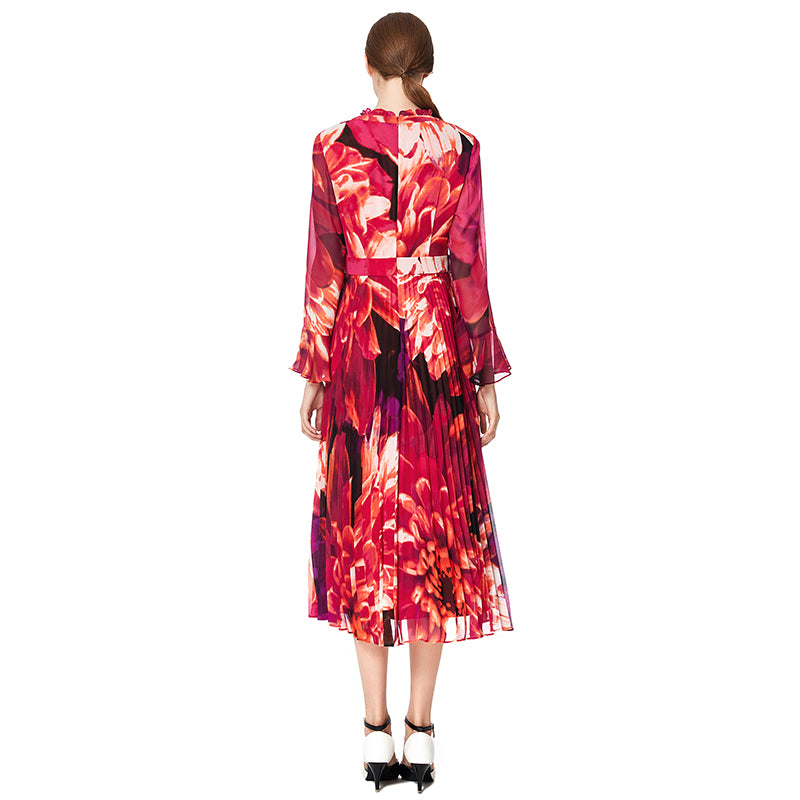 JJparty-D036 Women flower print chiffon long sleeves pleated midi day dress