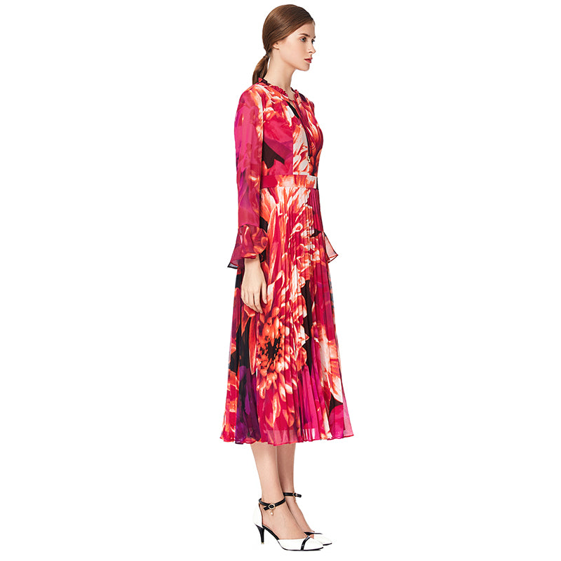 JJparty-D036 Women flower print chiffon long sleeves pleated midi day dress