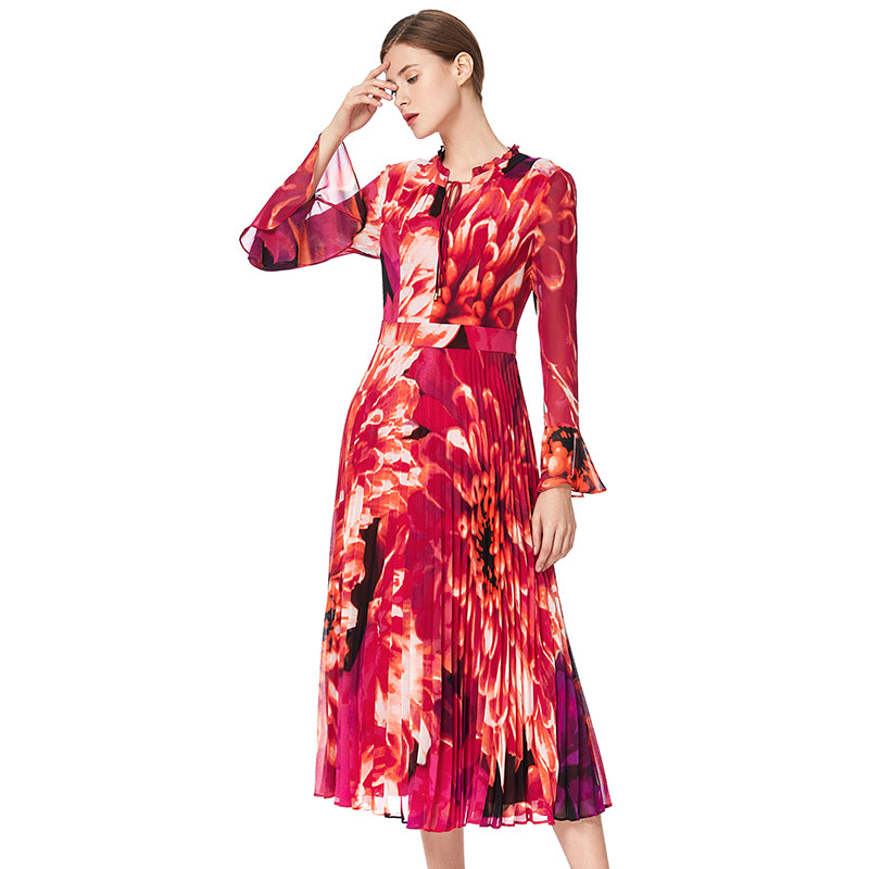 JJparty-D036 Women flower print chiffon long sleeves pleated midi day dress