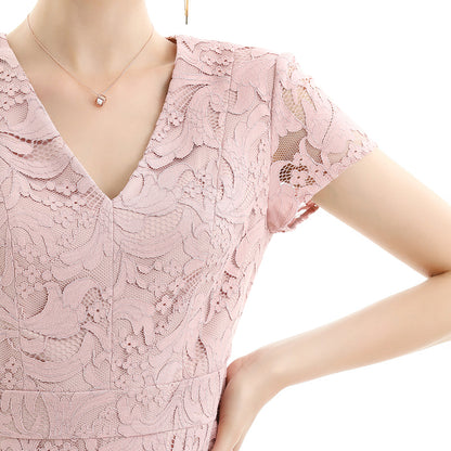 JJparty-D062-2 Women scroll leaf lace V neck cap sleeves flared midi evening dress