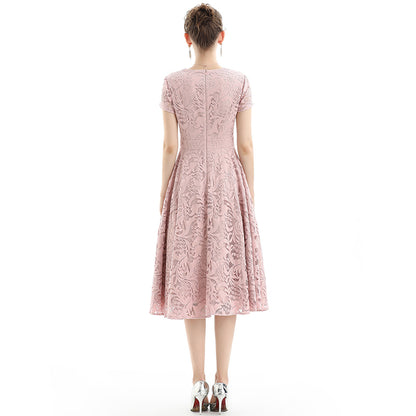 JJparty-D062-2 Women scroll leaf lace V neck cap sleeves flared midi evening dress