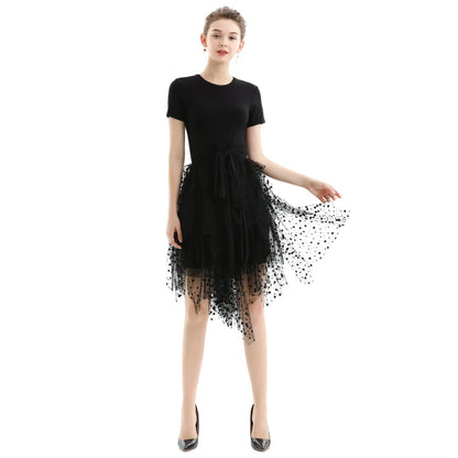 JJparty-S077-1 Women swiss-dots tulle multi-layers asymmetric party short skirt