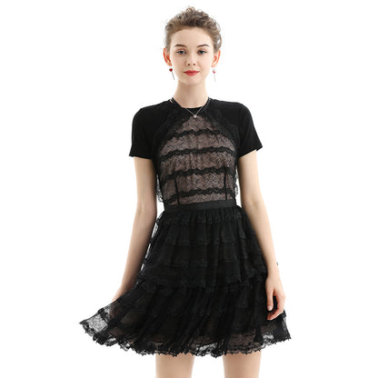 JJparty-D073 Women lace halter neck scallop trims ruffled detail tiered mini evening dress