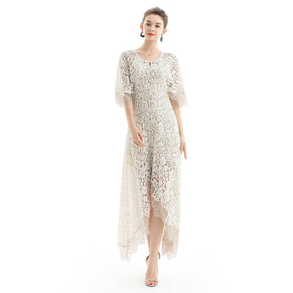 JJparty-D078 Women floral lace cape sleeve flared asymmetric hem midi evening dress