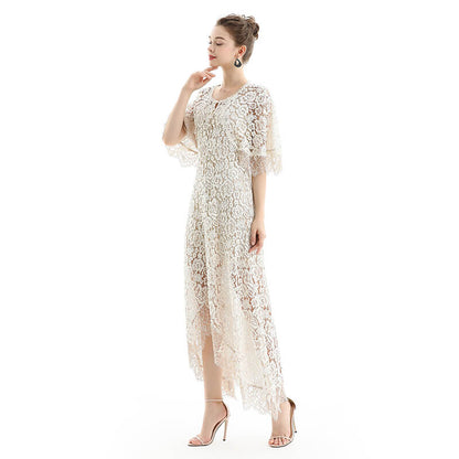 JJparty-D078 Women floral lace cape sleeve flared asymmetric hem midi evening dress