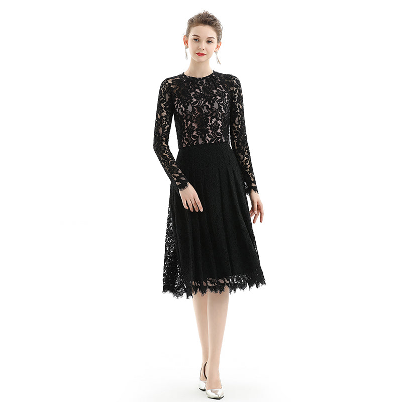JJparty-D080 Women floral scallop lace long sleeves flared pleated party midi dress