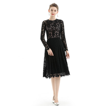 JJparty-D080 Women floral scallop lace long sleeves flared pleated party midi dress