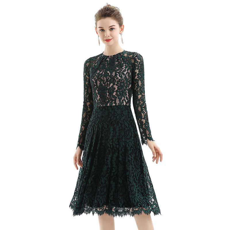 JJparty-D080 Women floral scallop lace long sleeves flared pleated party midi dress