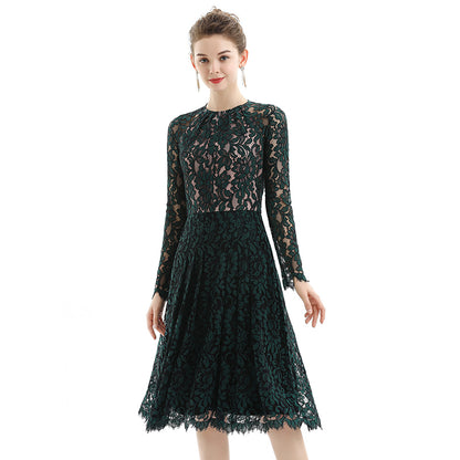 JJparty-D080 Women floral scallop lace long sleeves flared pleated party midi dress
