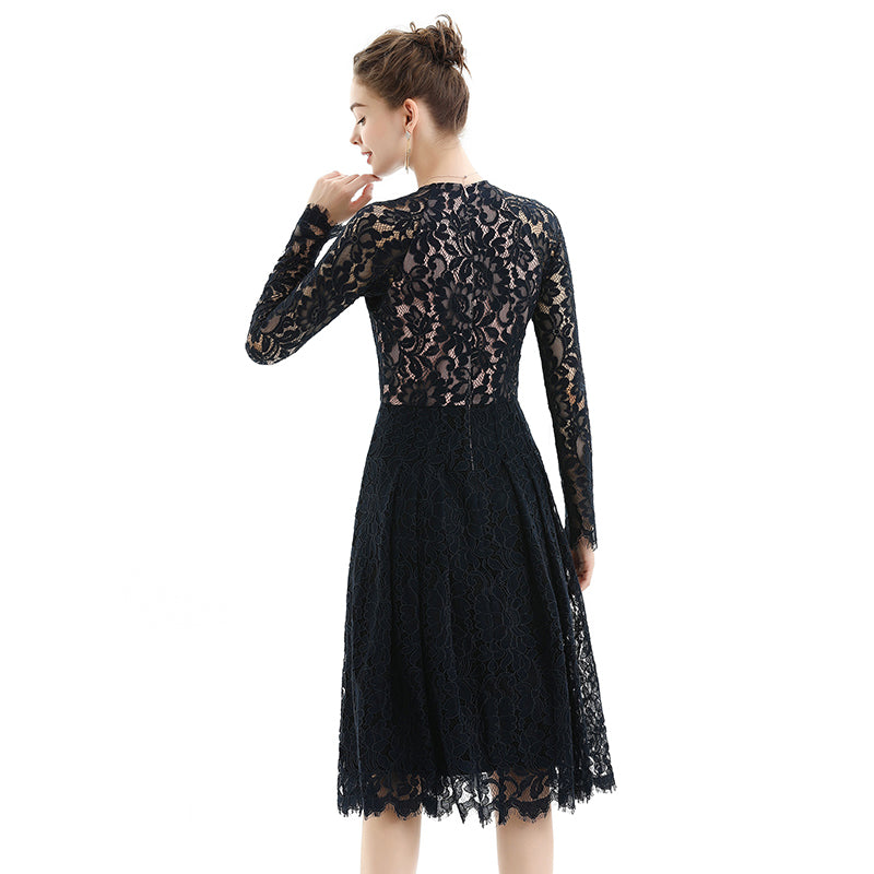 JJparty-D080 Women floral scallop lace long sleeves flared pleated party midi dress