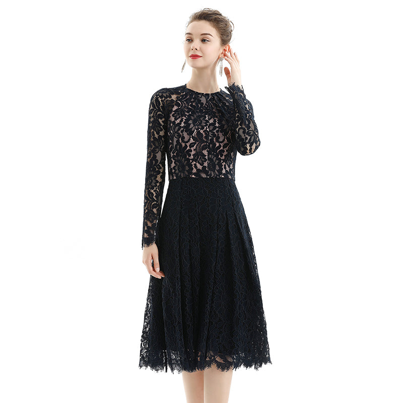 JJparty-D080 Women floral scallop lace long sleeves flared pleated party midi dress