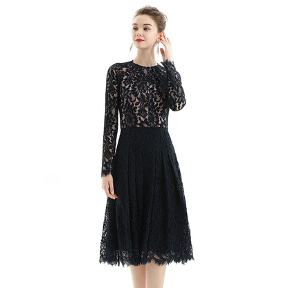 JJparty-D080 Women floral scallop lace long sleeves flared pleated party midi dress