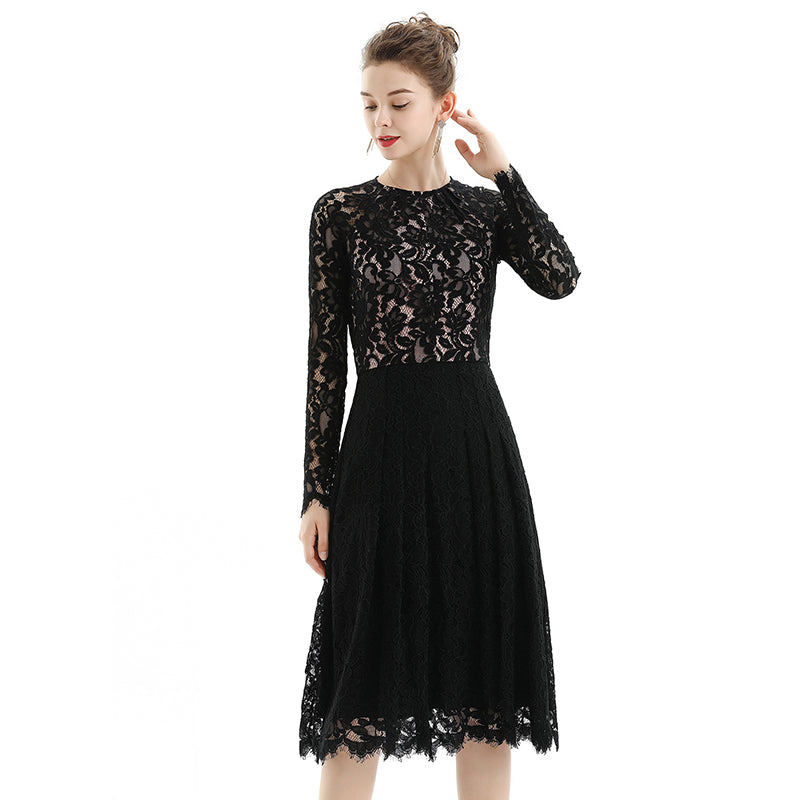 JJparty-D080 Women floral scallop lace long sleeves flared pleated party midi dress