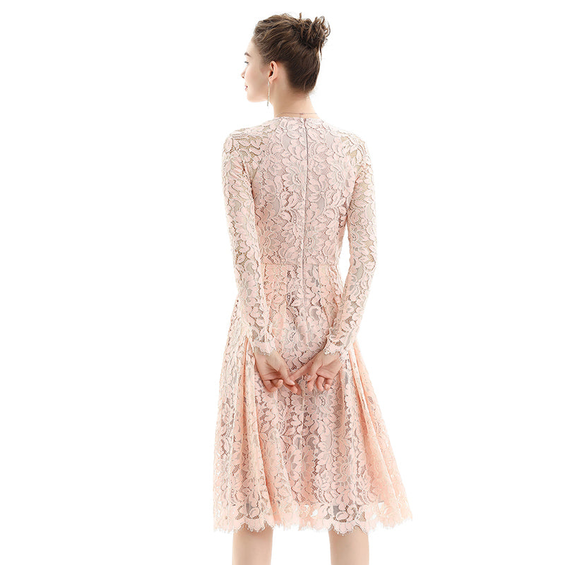 JJparty-D080 Women floral scallop lace long sleeves flared pleated party midi dress