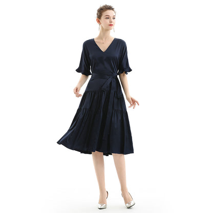 JJparty-D081 Women solid satin short sleeves tiered midi day dress