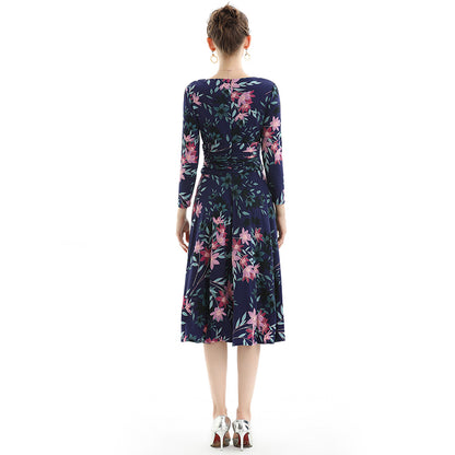 JJparty-D082 Women floral print knit three-quarter sleeve mock wrap midi day dress