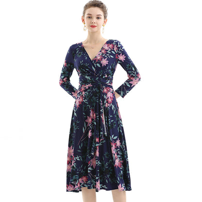 JJparty-D082 Women floral print knit three-quarter sleeve mock wrap midi day dress