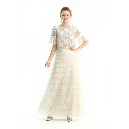 JJparty-S212 Women solid tulle-layered maxi party skirt