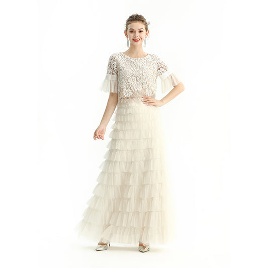 JJparty-S212 Women solid tulle-layered maxi party skirt