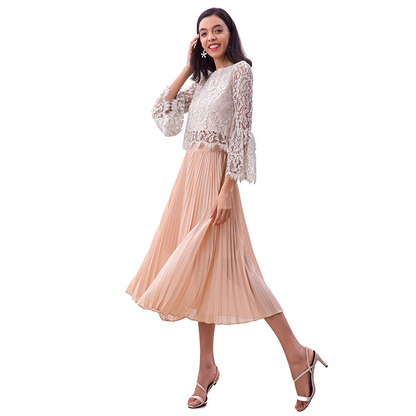 JJparty-S280L Women solid chiffon elasticated waist full circle sunburst pleated midi casual skirt
